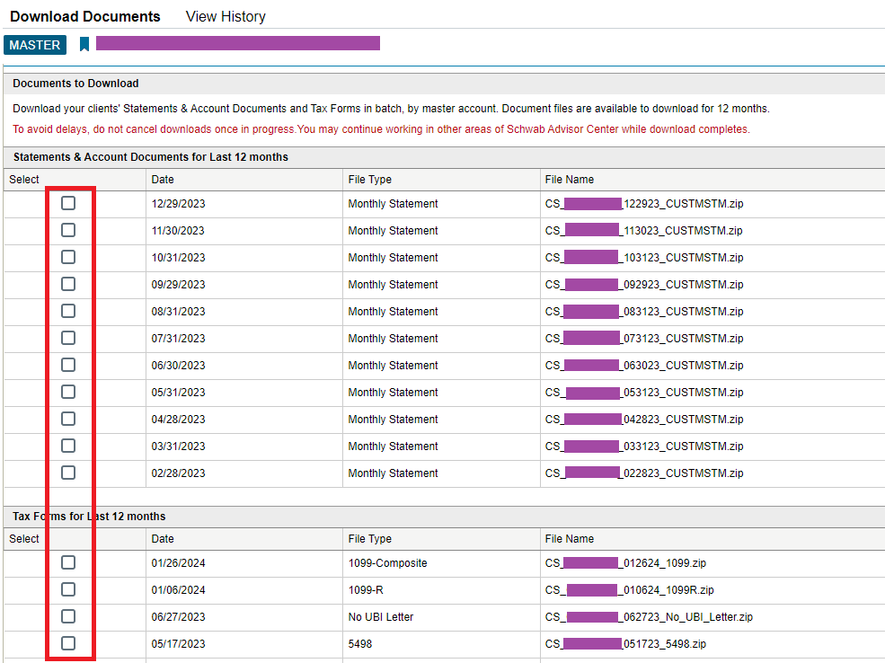 Schwab Historical Statements and Tax Documents Capitect